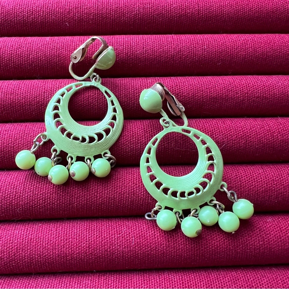 Lime Green Hoop Clip On Earrings with Bead Fringe - Picture 2 of 4